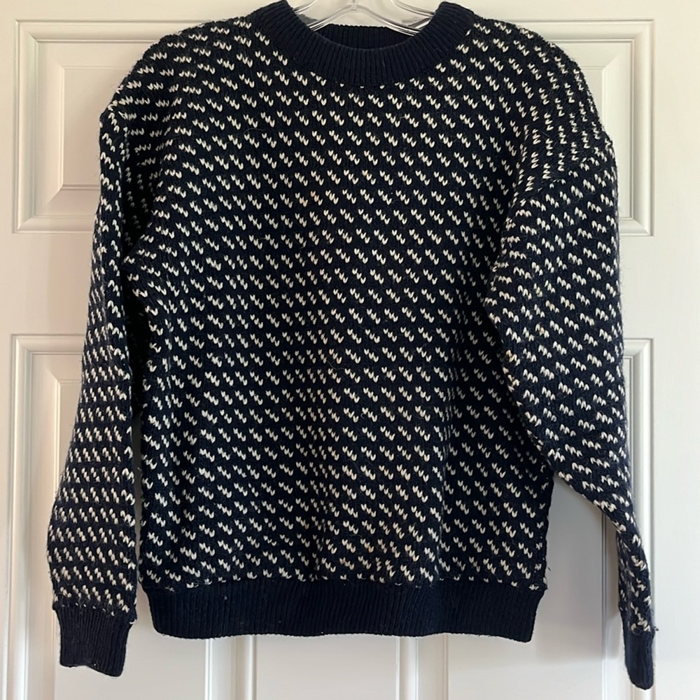 Vintage, 80s, L.L. Bean Norwegian Birdseye Navy Blue Wool Blend Sweater, Size M